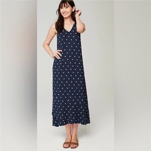 J. Jill Navy Sleeveless Flounced Jersey Midi-Dress with Cream/Tan Polka Dots L